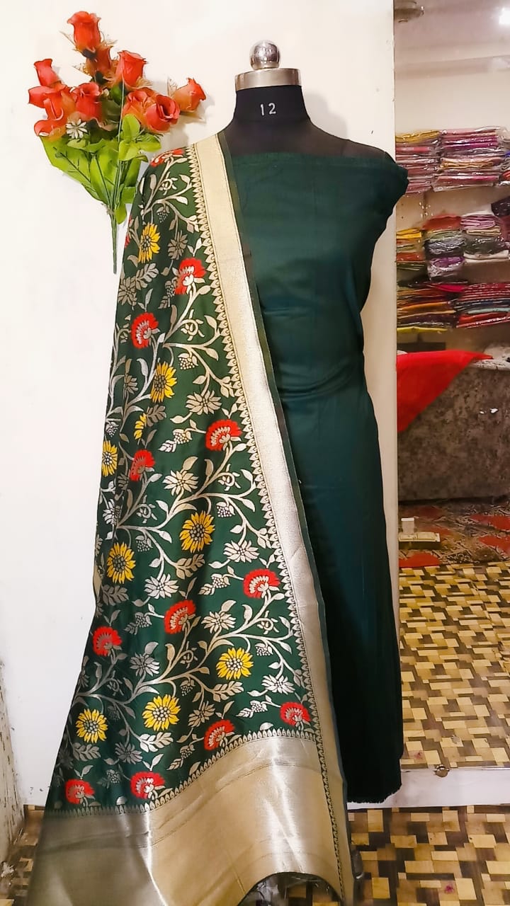 Dark Green Banarasi Silk Katan Suit