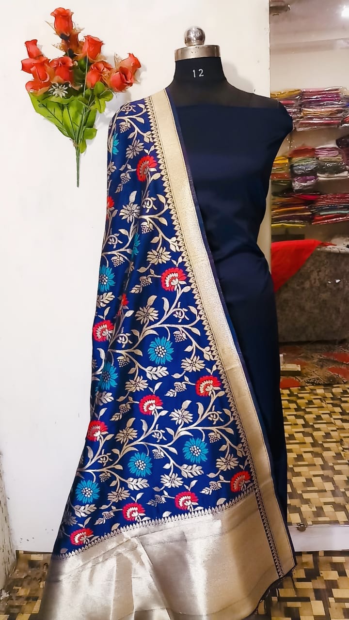 Navy Blue Banarasi Silk Katan Suit Set