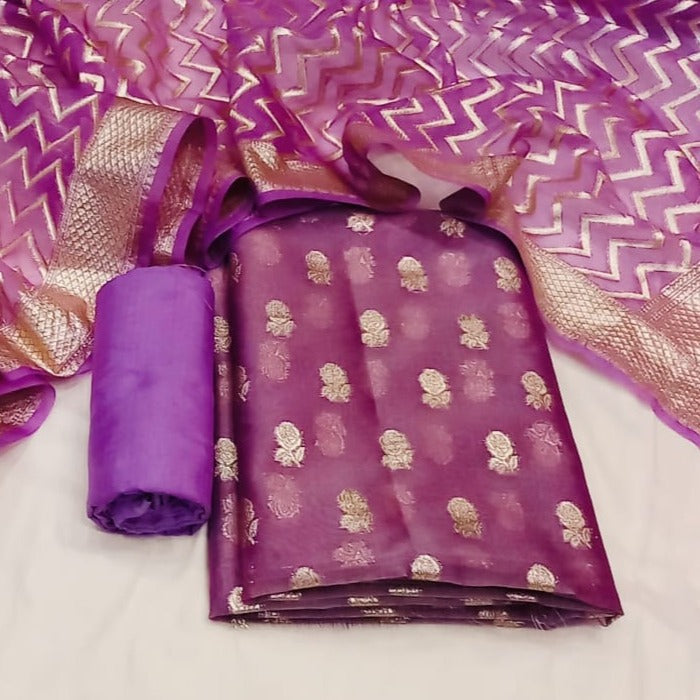 Purple Banarasi Organza Silk Handloom Suit