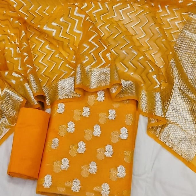 Orange Banarasi Organza Silk Handloom Suit