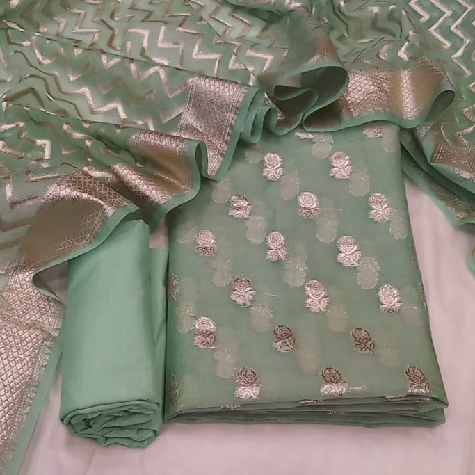 Light Green Banarasi Organza Silk Handloom Suit