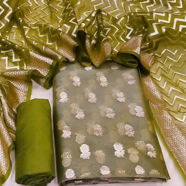 Chikoo Festive Wear Floral Woven Banarasi Silk Dress Material