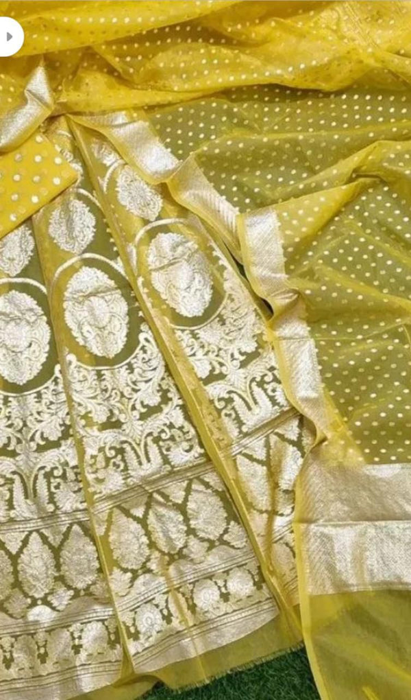 Yellow Banarasi Organza Silk  Lehenga