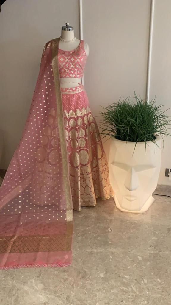 Peach Banarasi Organza Silk  Lehenga