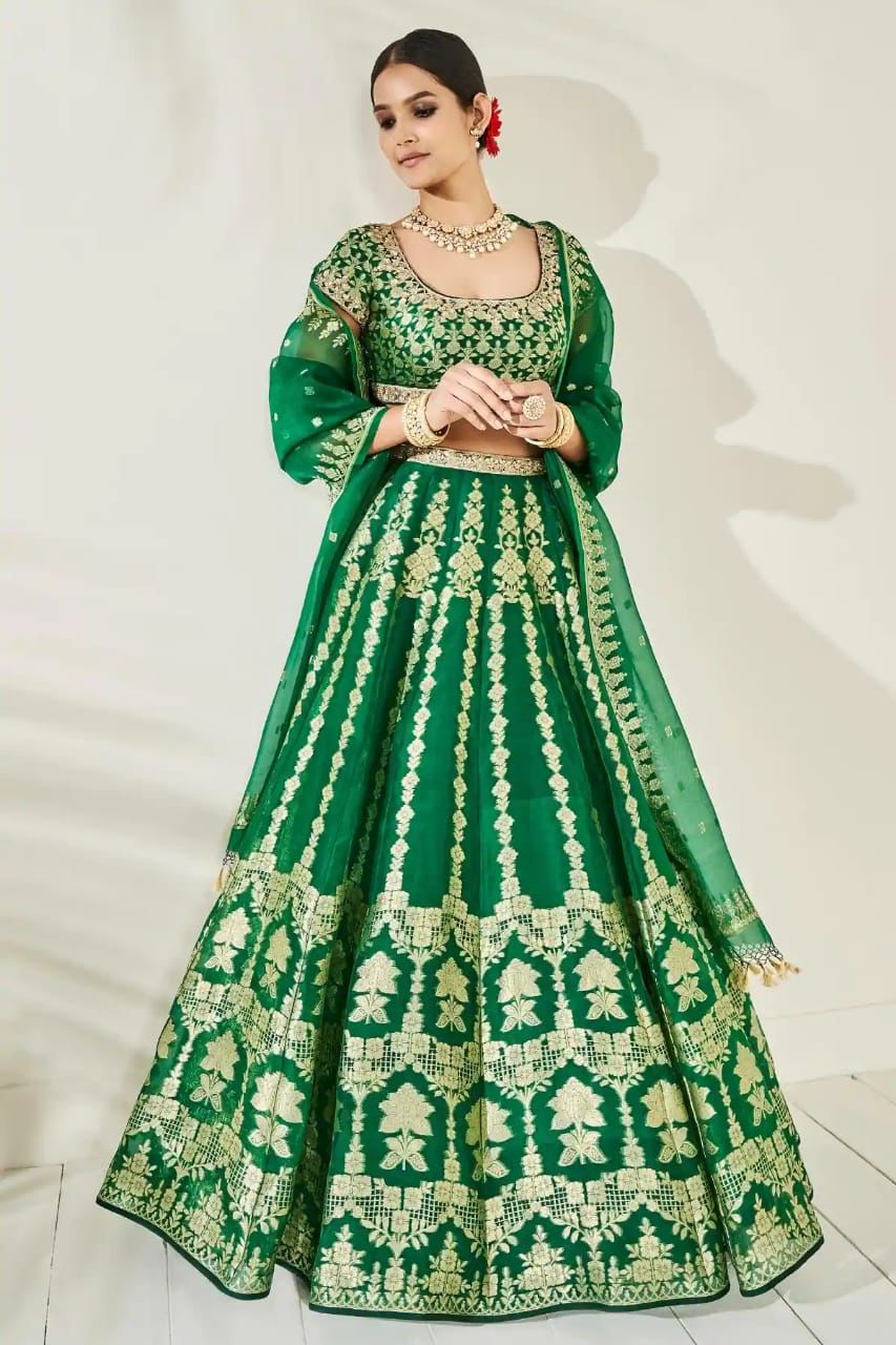 Velvet Stone with moti Wedding Lehenga Choli in Green with Dupatta - LC6905