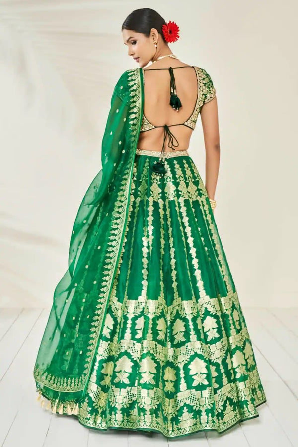 Green Banarasi Organza Silk  Lehenga