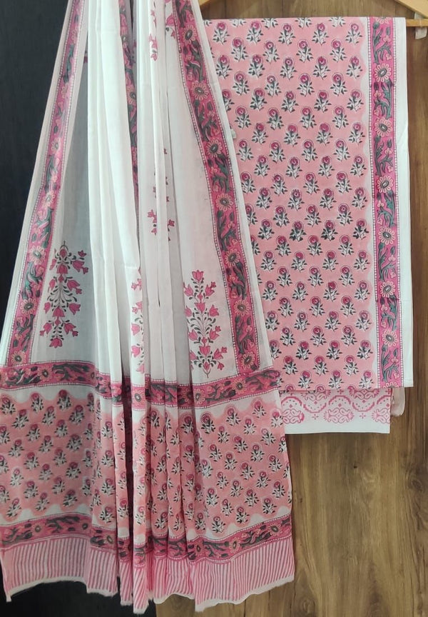 Pink,White Cotton Handblock Print suit