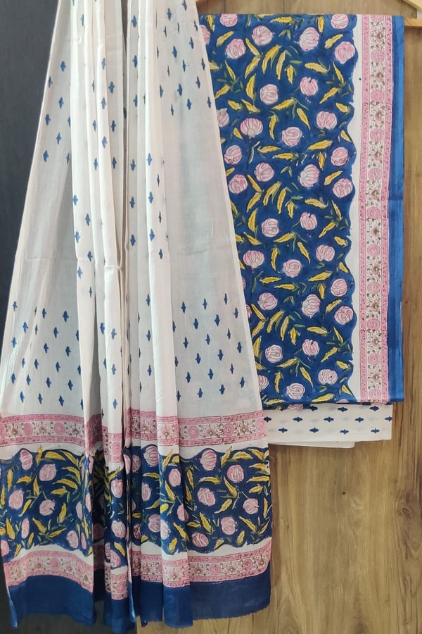 Blue, White Cotton Handblock Print suit