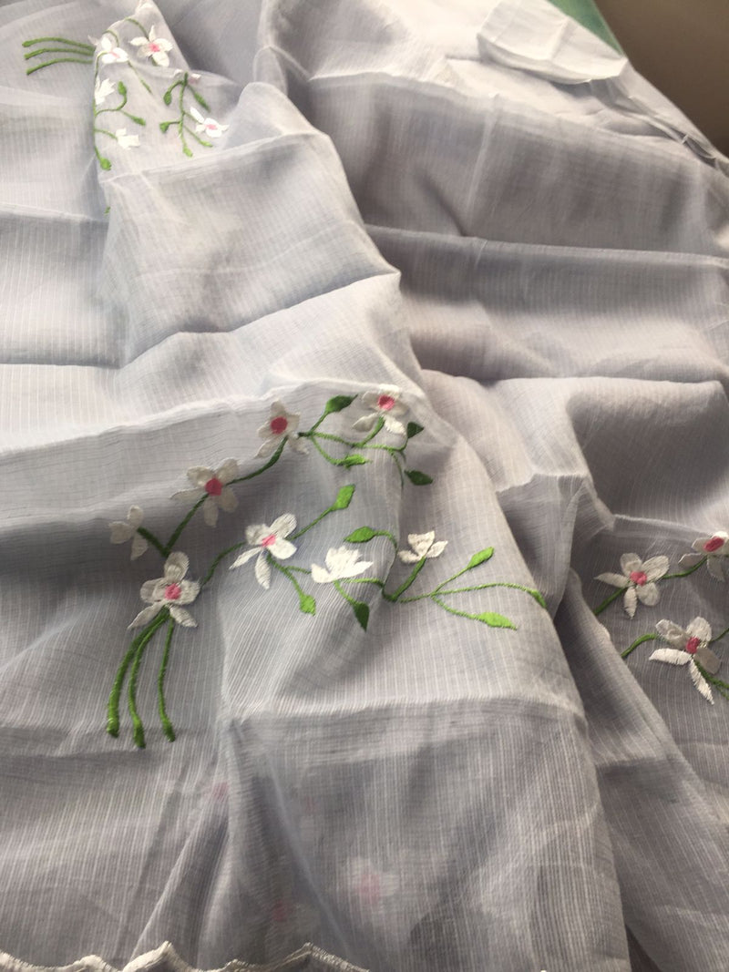 Kota Doria Embroidery Work Sari In grey
