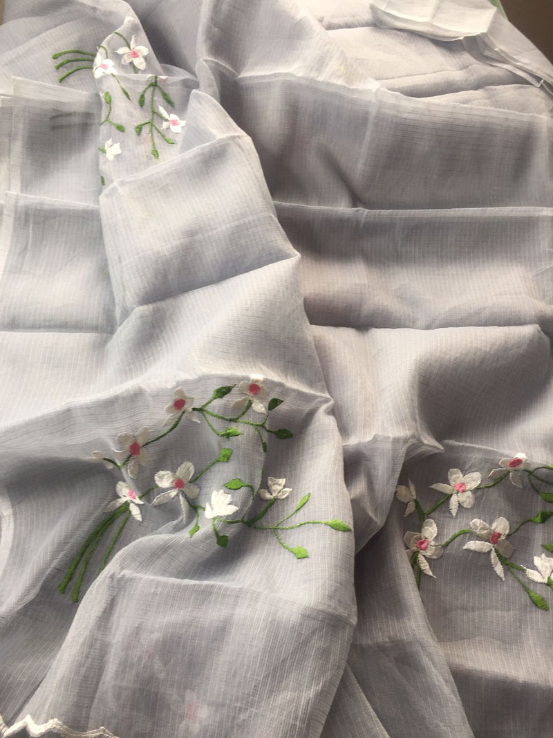 Kota Doria Embroidery Work Sari In grey