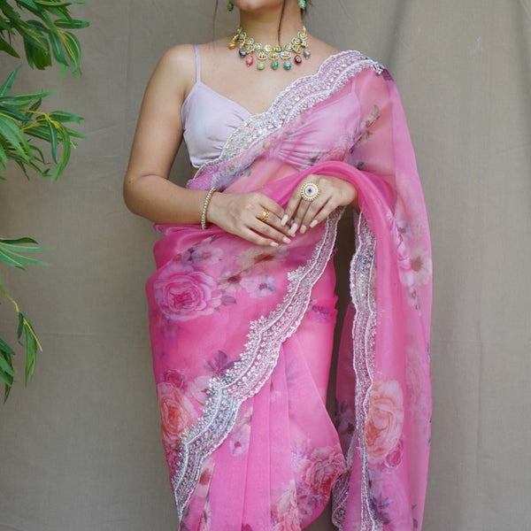 Pink Floral Organza Saree