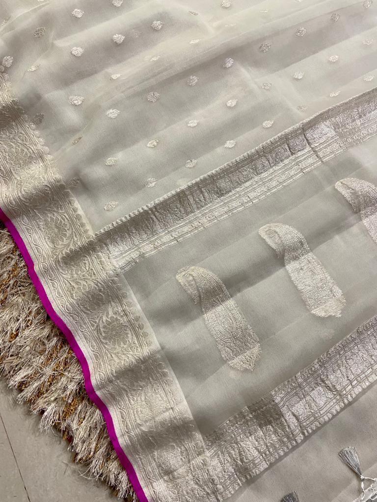 White Color Banarasi Khaddi Georgette Saree