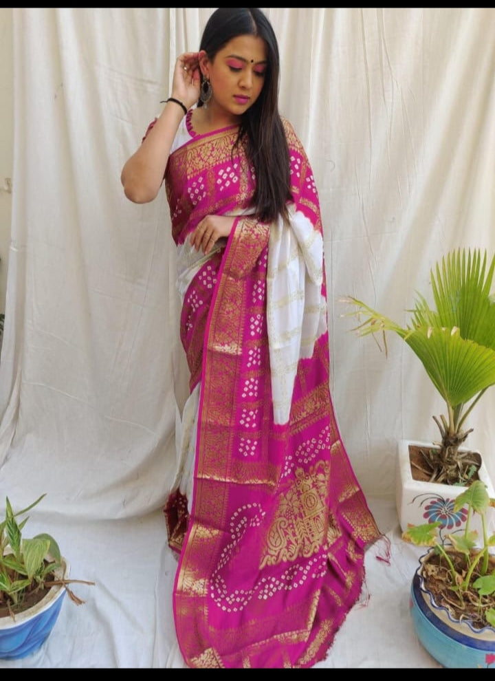 Pink Pure Bandhej Banarasi Silk Saree
