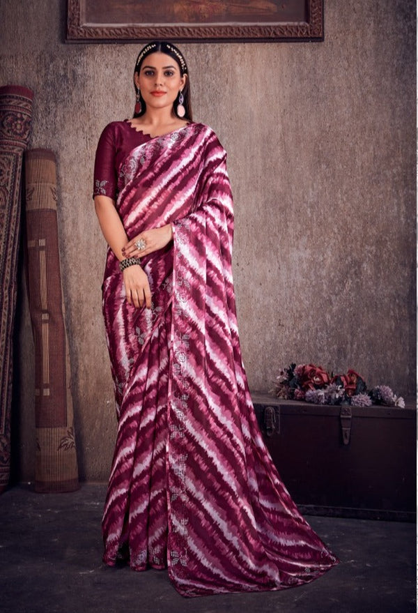 Maroon Organza Digital Print Saree
