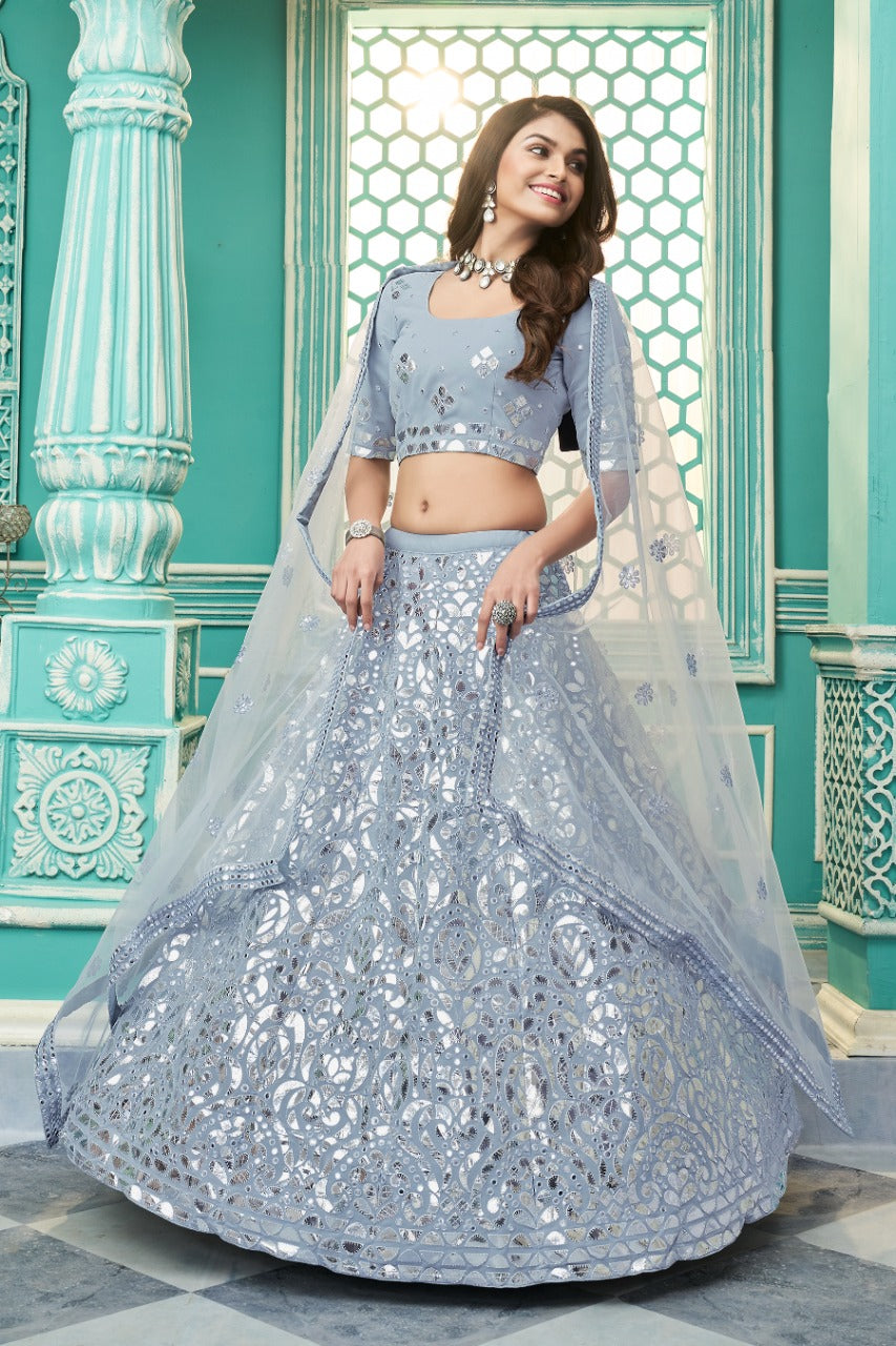 Light Blue Georgette with Gota Patti Embroidery Work Lehenga(ONLY PREPAID)