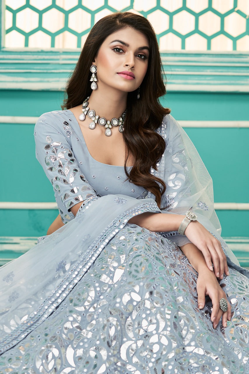 Light Blue Georgette with Gota Patti Embroidery Work Lehenga(ONLY PREPAID)