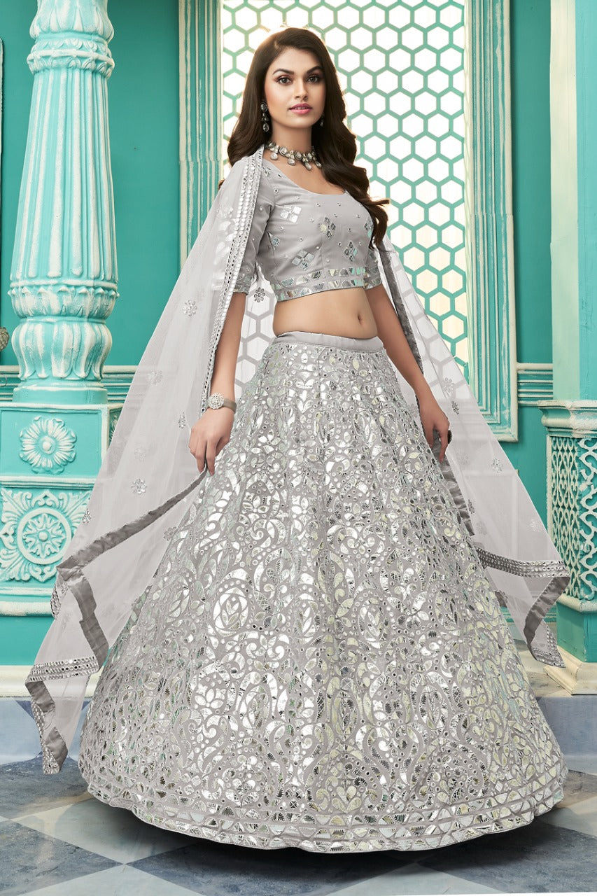 Grey Georgette with Gota Patti Embroidery Work Lehenga(ONLY PREPAID)