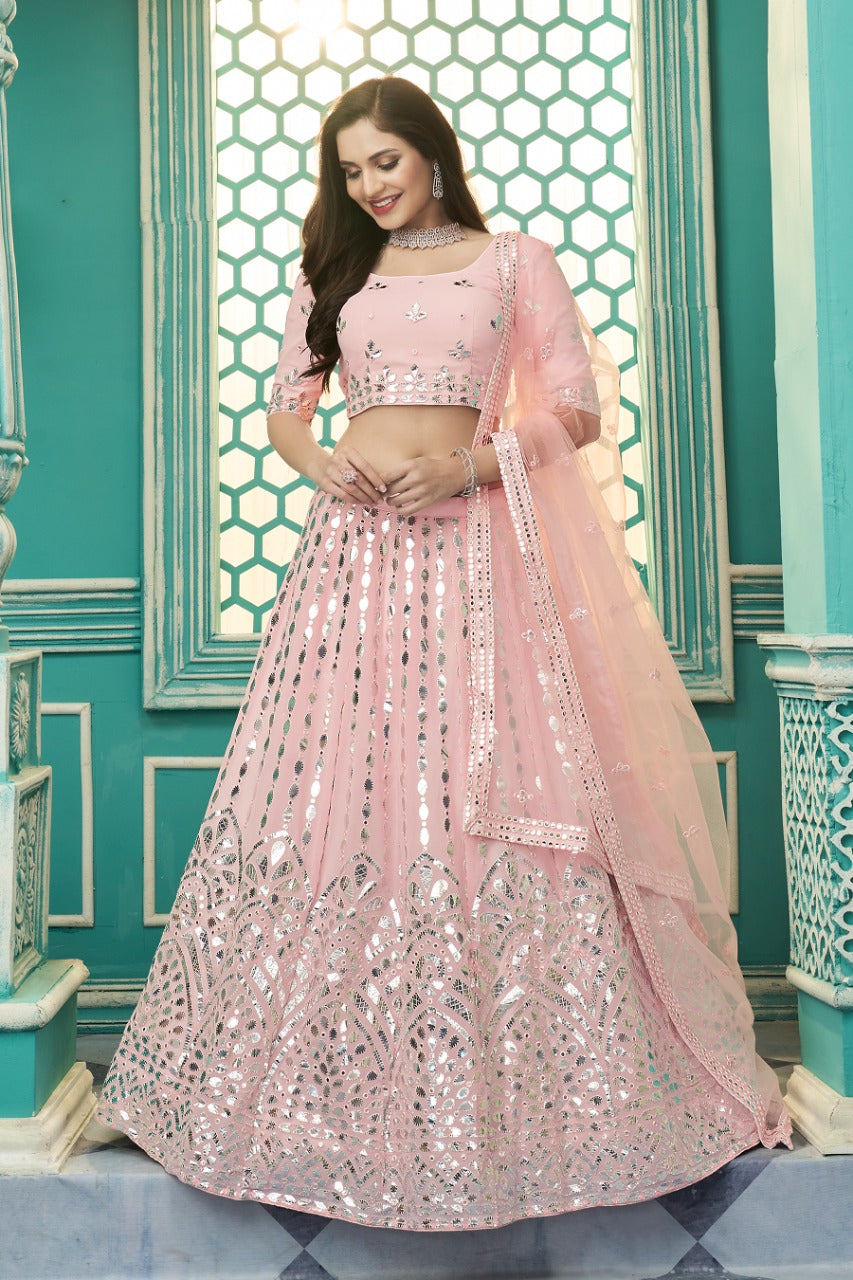 Light pink Georgette with Gota Patti Embroidery Work Lehenga(ONLY PREPAID)