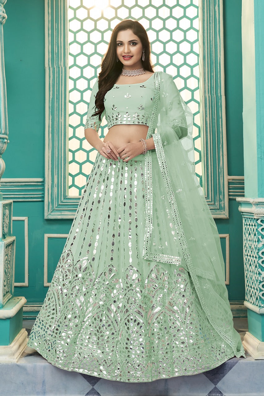 Light Green Georgette with Gota Patti Embroidery Work Lehenga(ONLY PREPAID)