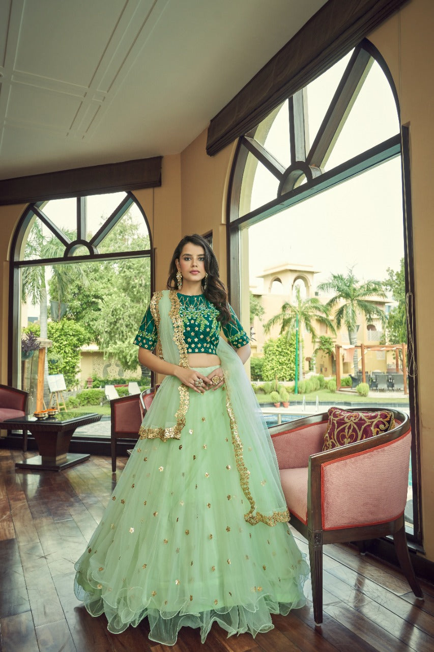 Green Net Thread with Sequins Embroidery Work Lehenga(ONLY PREPAID)