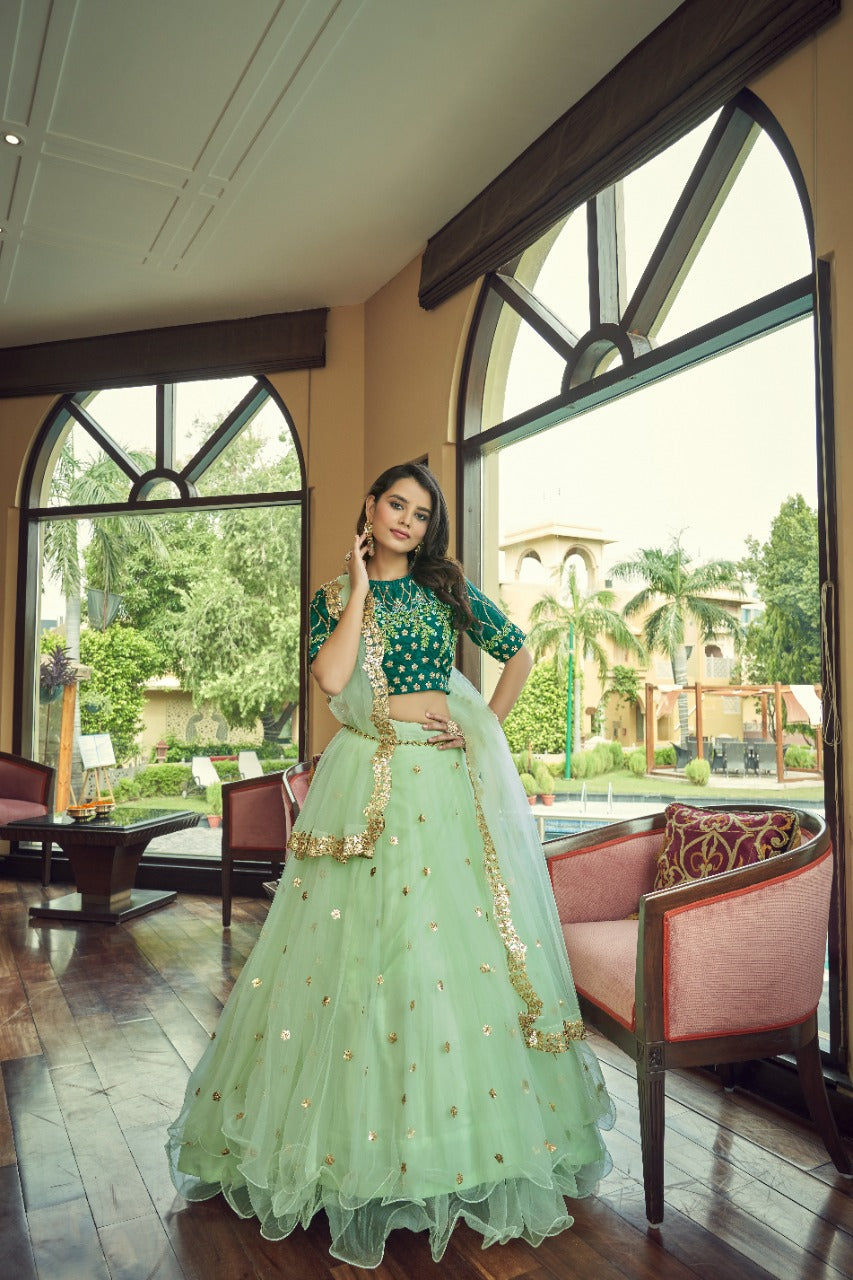 Green Net Thread with Sequins Embroidery Work Lehenga(ONLY PREPAID)