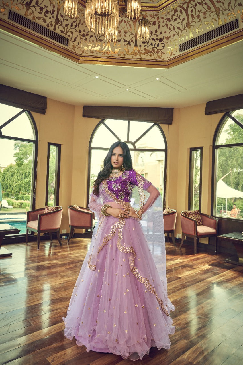 Purple Net Thread with Sequins Embroidery Work Lehenga(ONLY PREPAID)