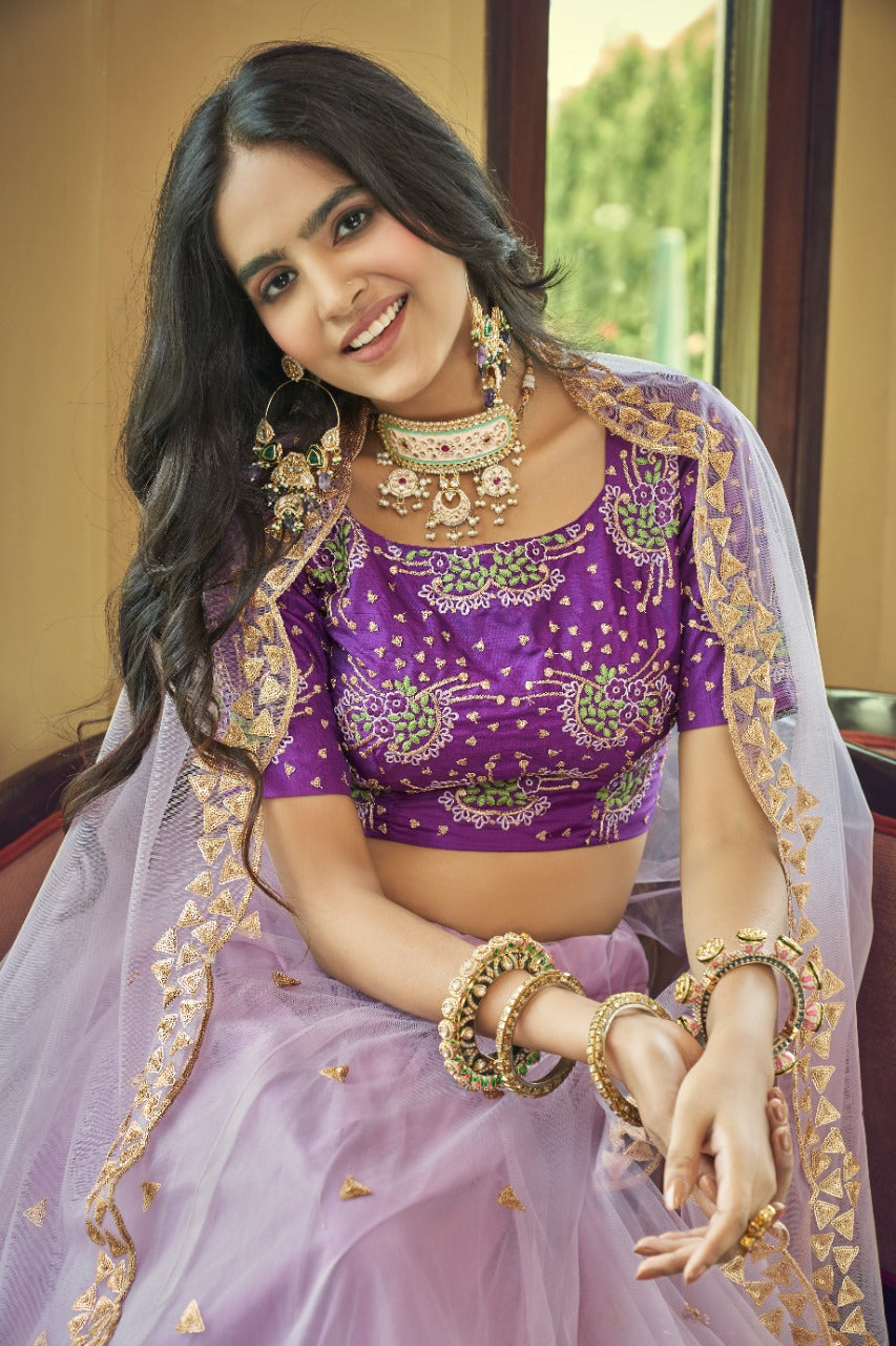 Purple Net Thread with Sequins Embroidery Work Lehenga(ONLY PREPAID)