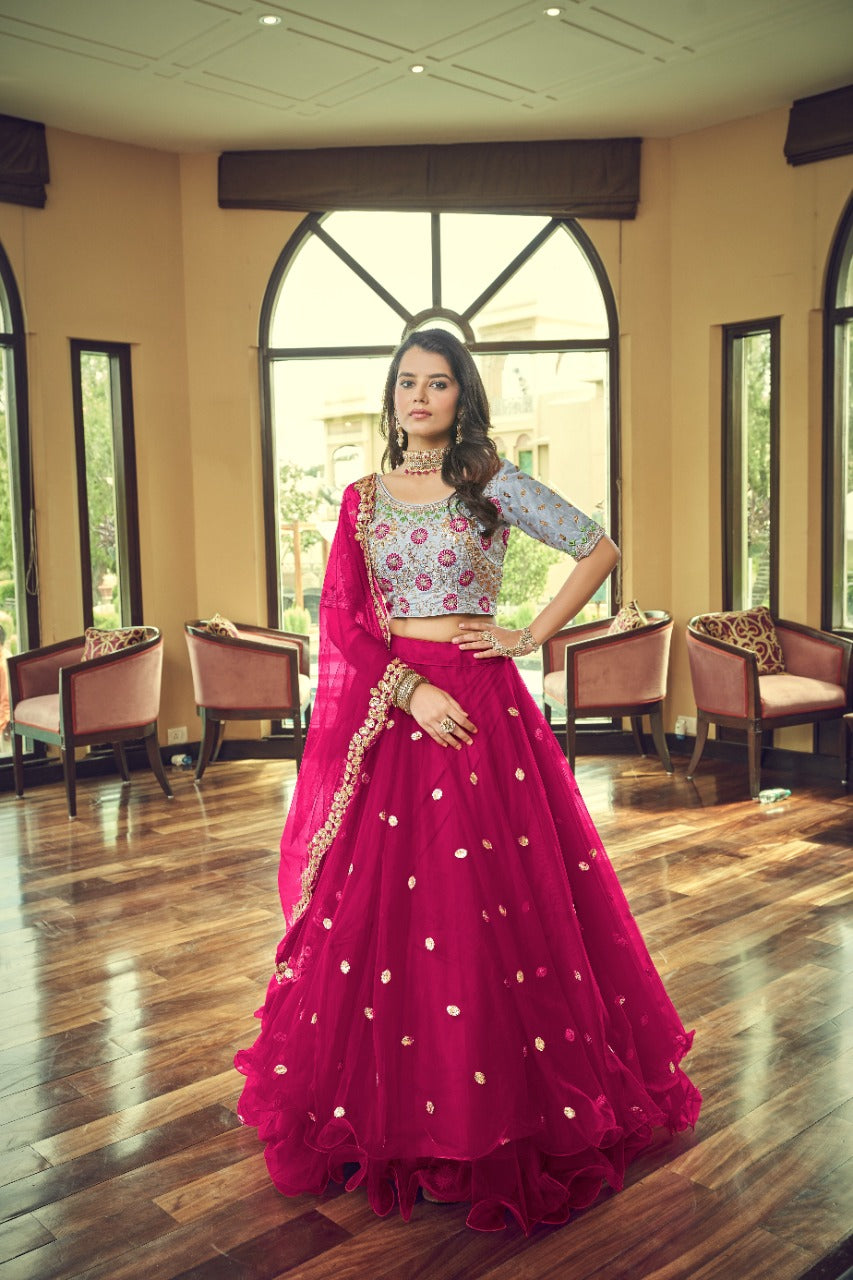 Pink Net Thread with Sequins Embroidery Work Lehenga(ONLY PREPAID)