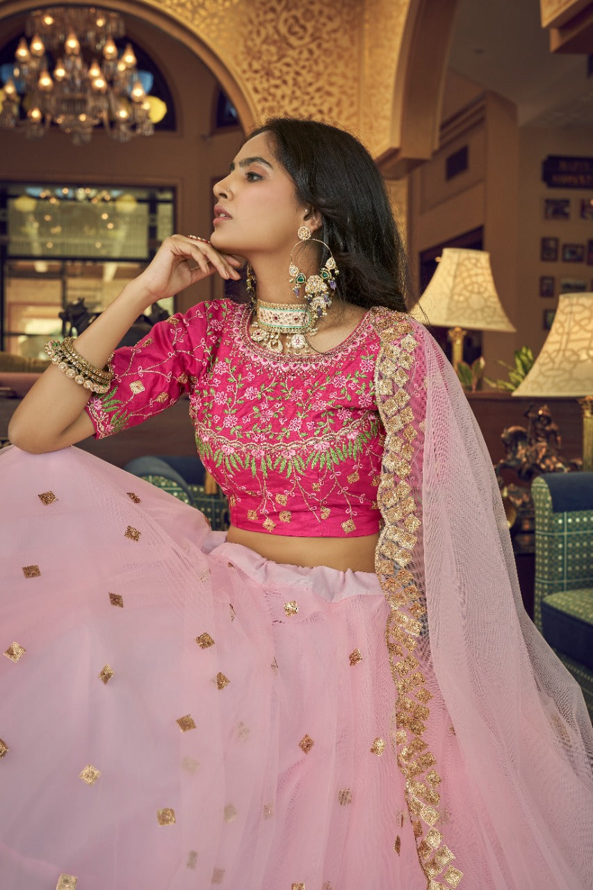 Baby Pink Thread with Sequins Embroidery Work Lehenga(ONLY PREPAID)