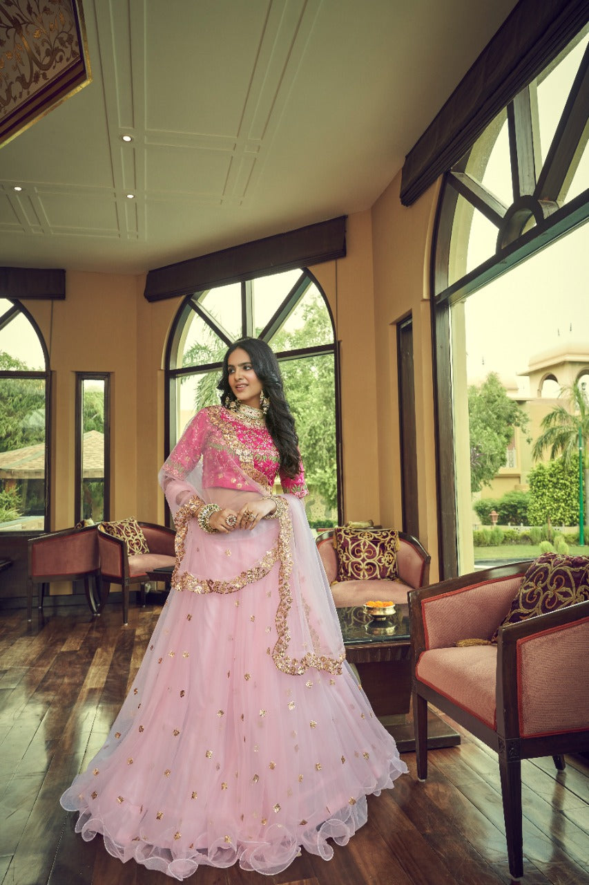 Baby Pink Thread with Sequins Embroidery Work Lehenga(ONLY PREPAID)