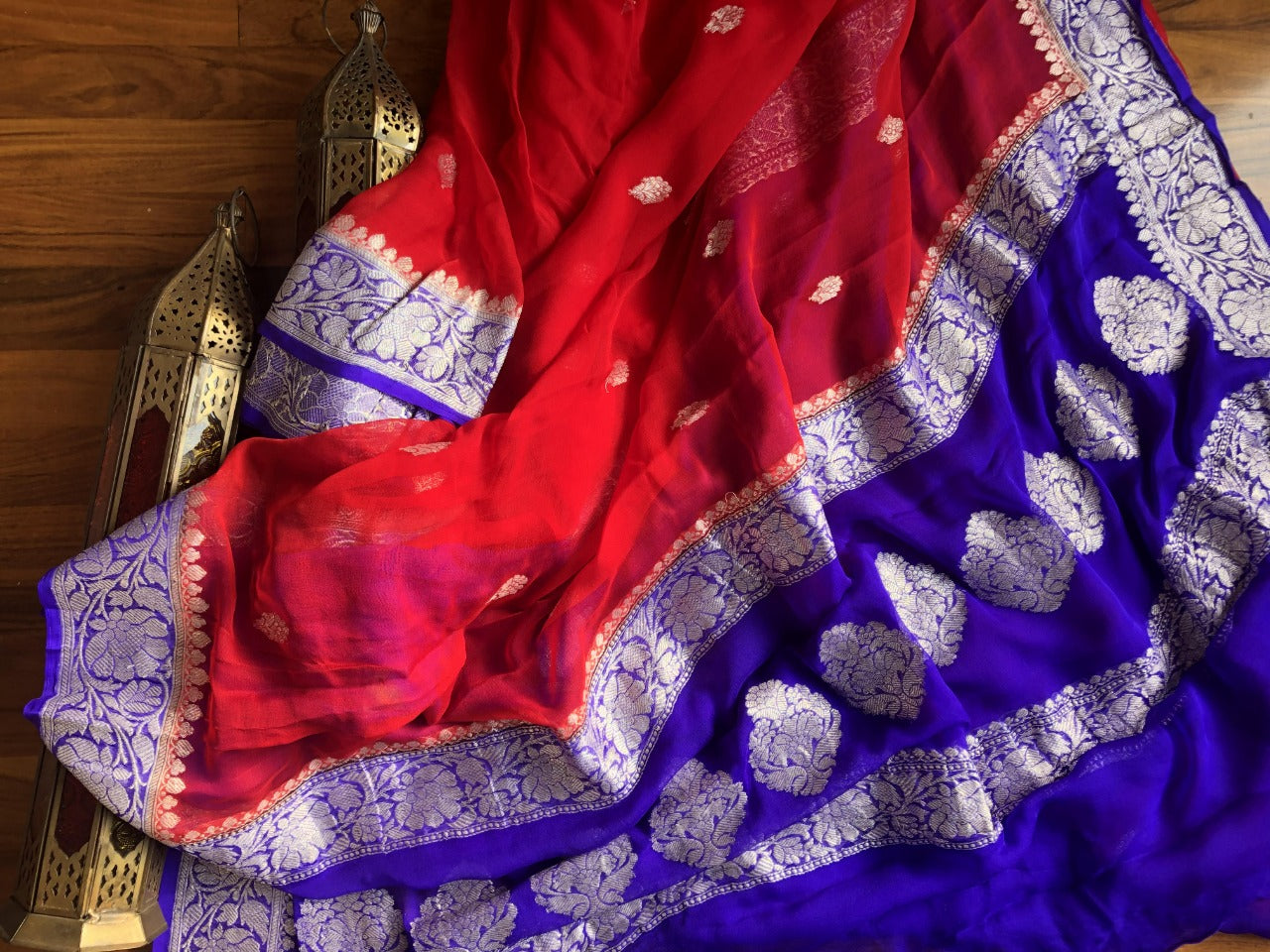 Blue & Red Khaddi Banarasi Chiffon Jaal Saree