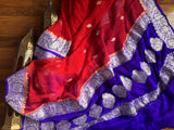 Blue & Red Khaddi Banarasi Chiffon Saree