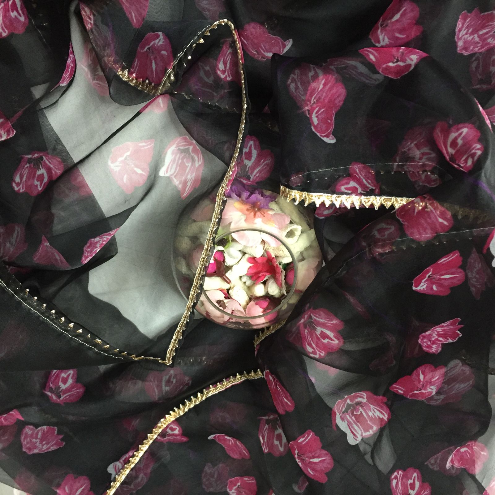 black and pink florals organza dupatta