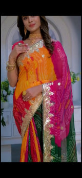 Traditional multicolor Bandhej Sarees In Gota Work