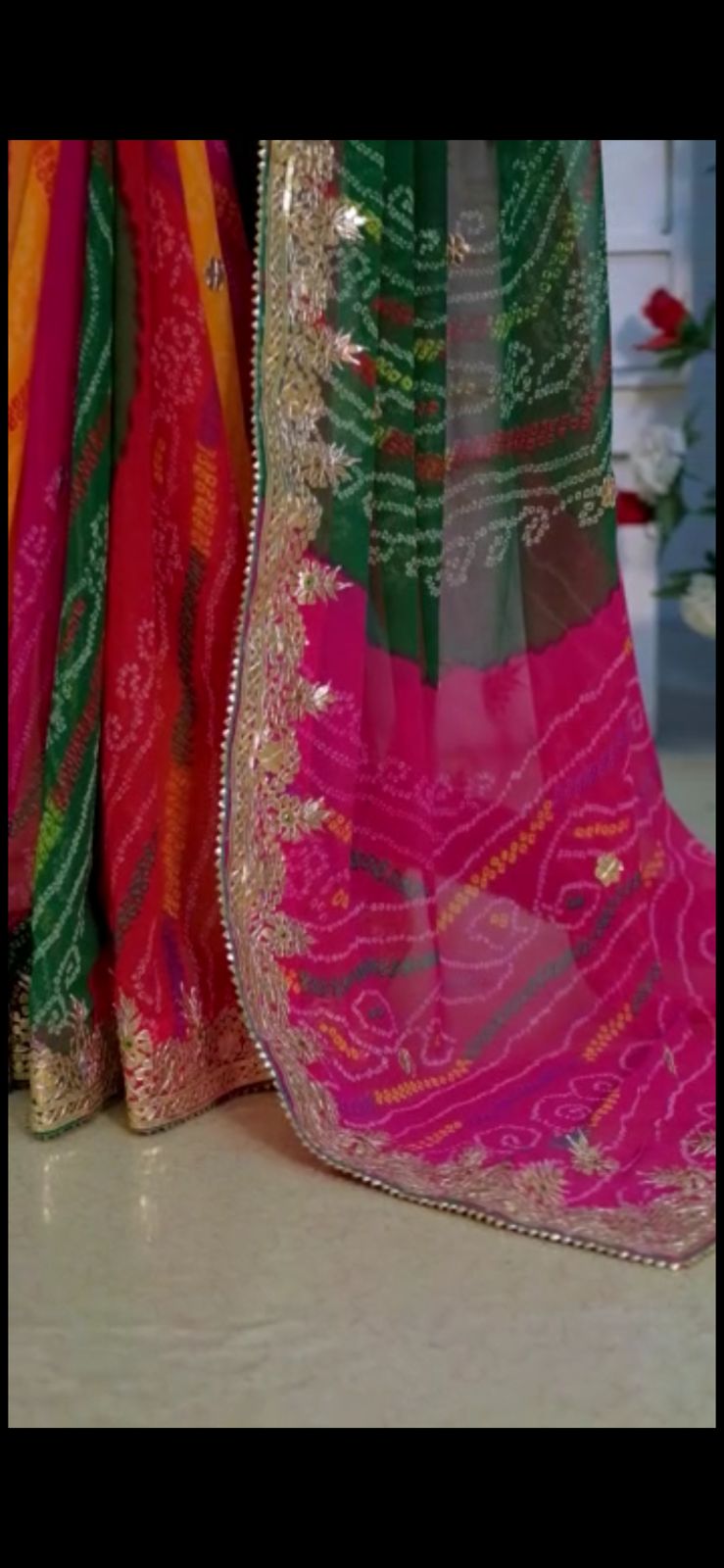 Traditional multicolor Bandhej Sarees In Gota Work
