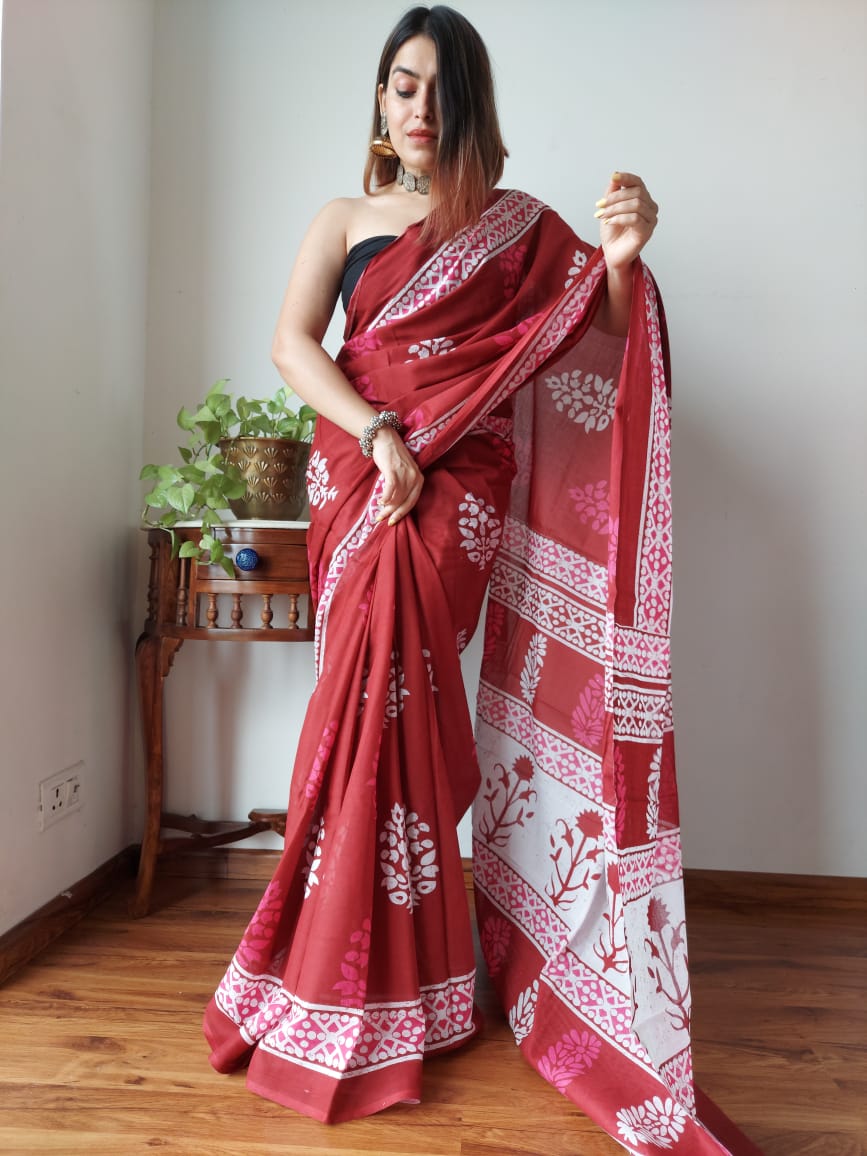 Red Cotton Printed Saree