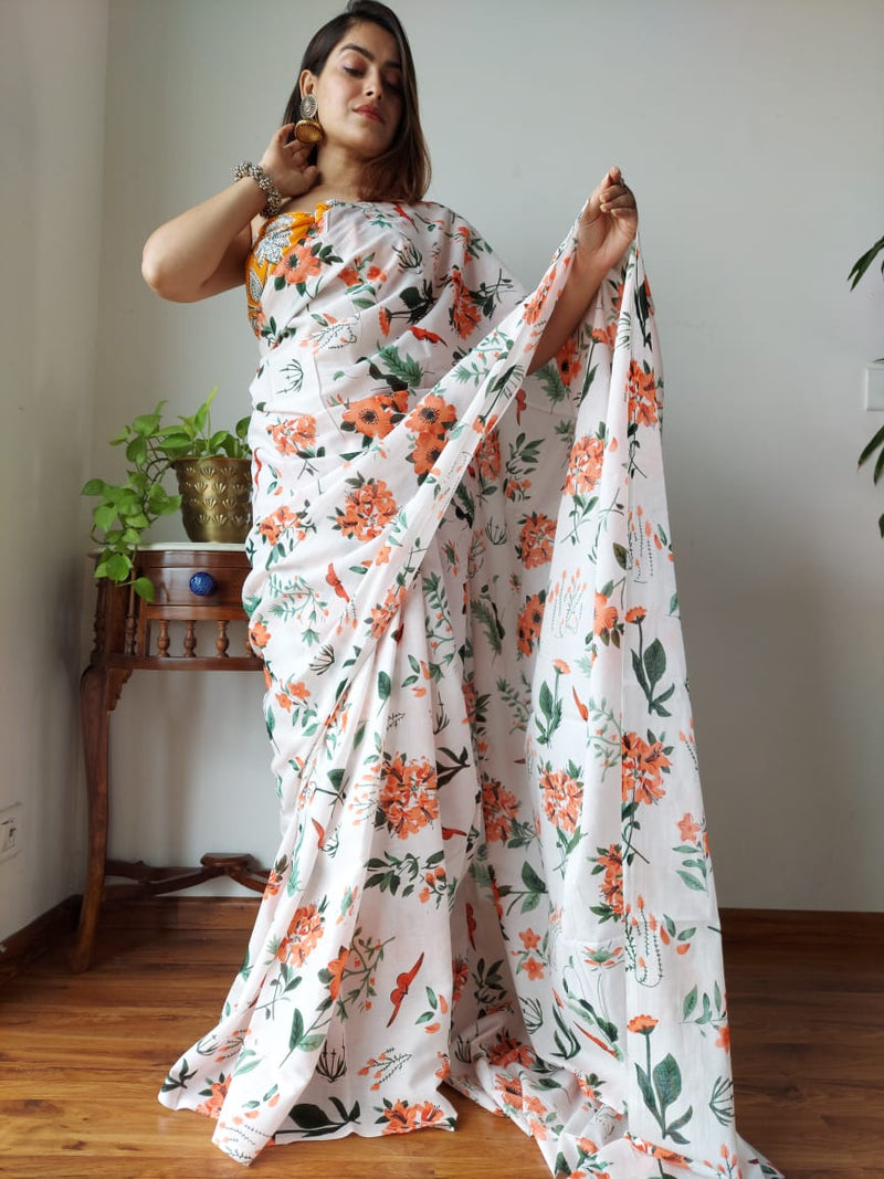 White Cotton Printed Saree