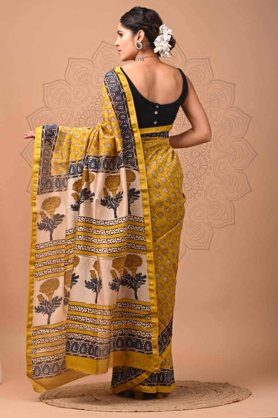 Yellow Chanderi Saree Block Printed