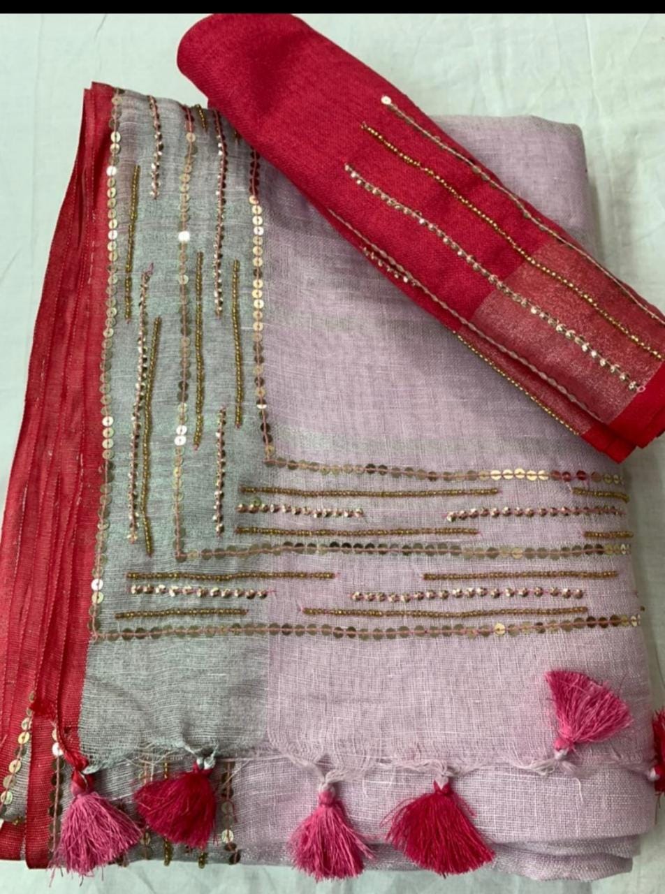 Linen Pink Embroidred Saree