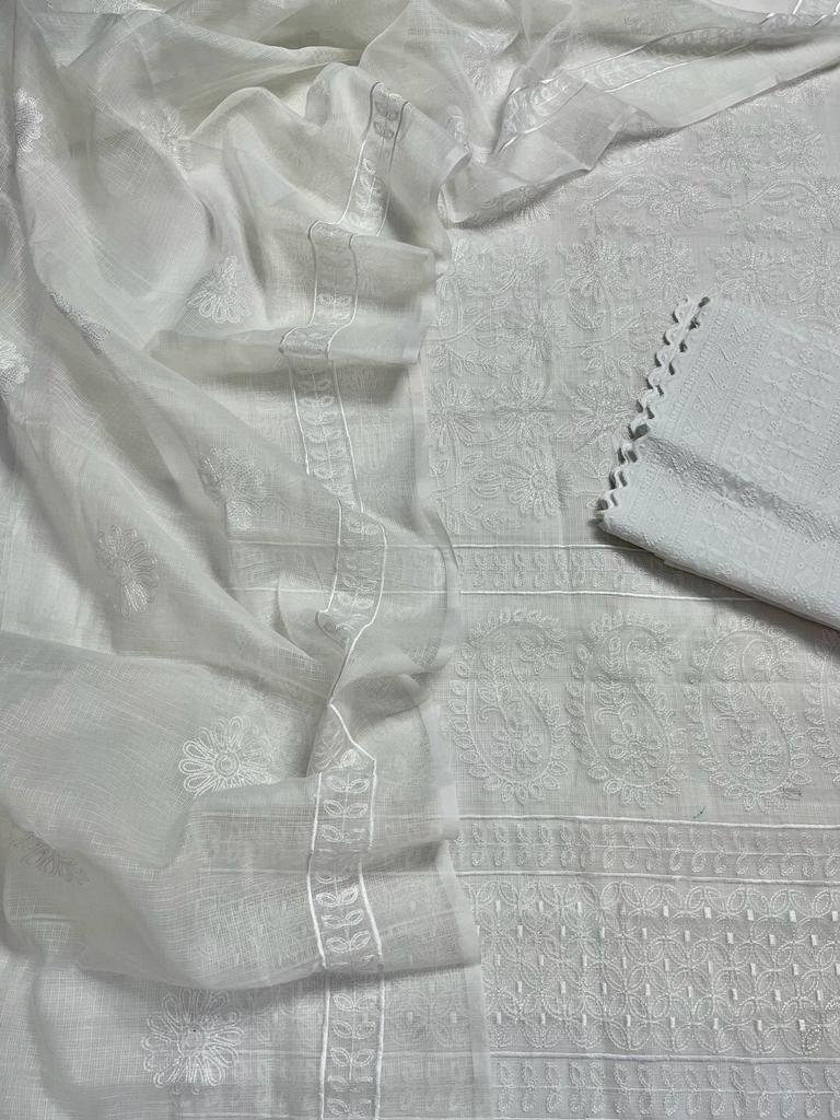 White Embroided Cotton Kota Doria Suit Fabric With Dupatta