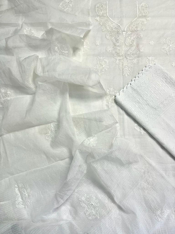 White Hand Embroided Cotton Kota Doria Suit With Dupatta