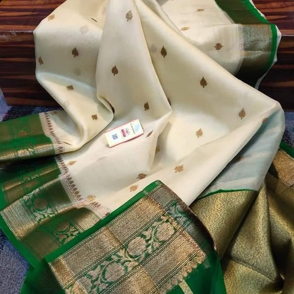 White Banarasi Semi Kora Organza Saree, Kora Organza Handloom Saree, Buy Silk Saree