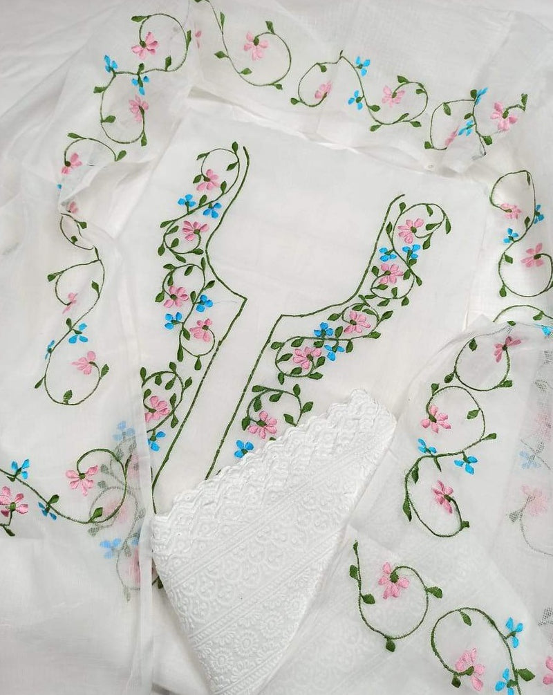 White Kota Doria Embroidered Suit Sets (2),kota doria suits online shopping