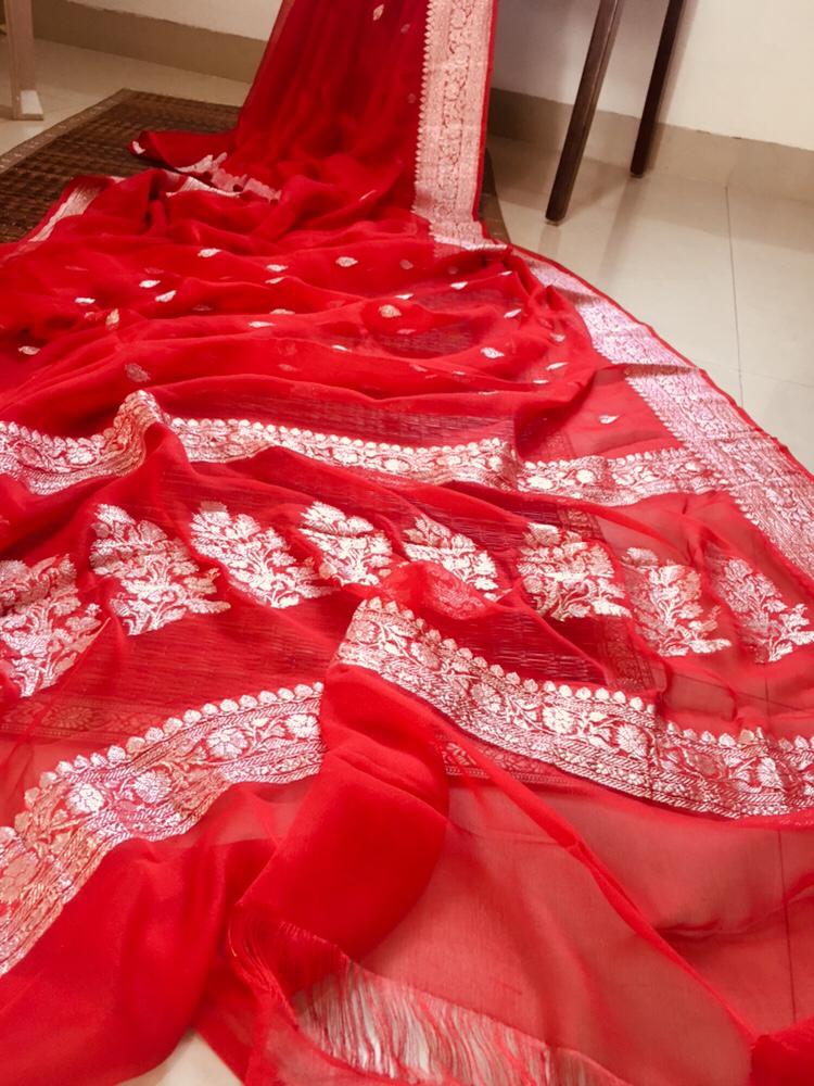 Red Banarasi Khaddi Georgette Saree