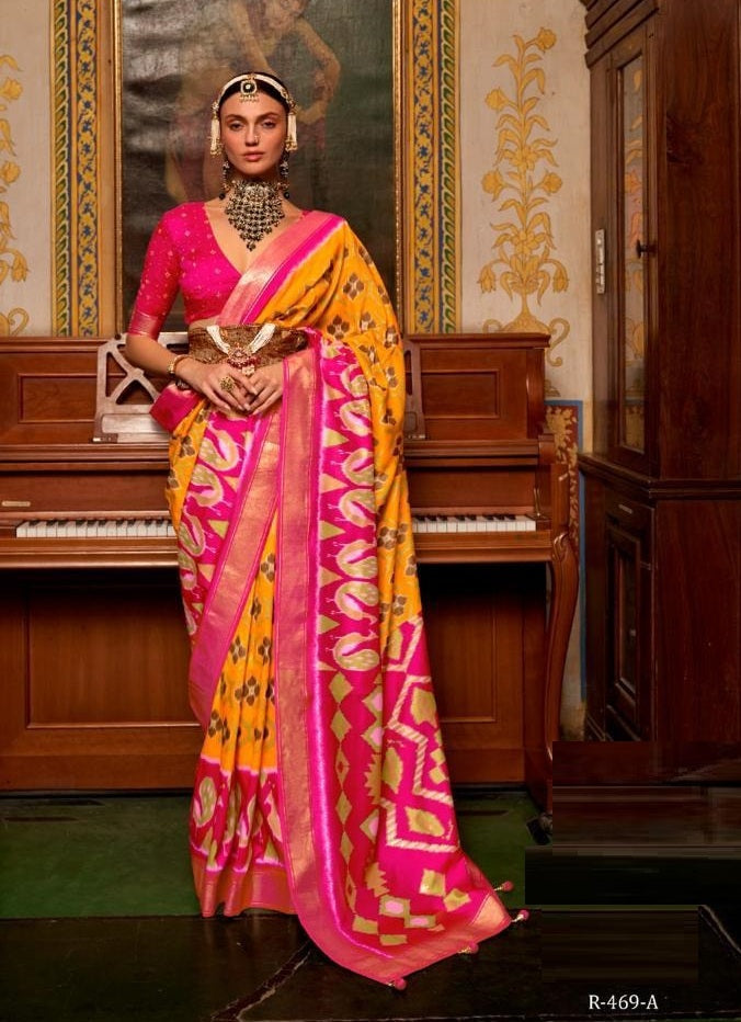 Yellow And Pink Patola Silk Saree With Blouse