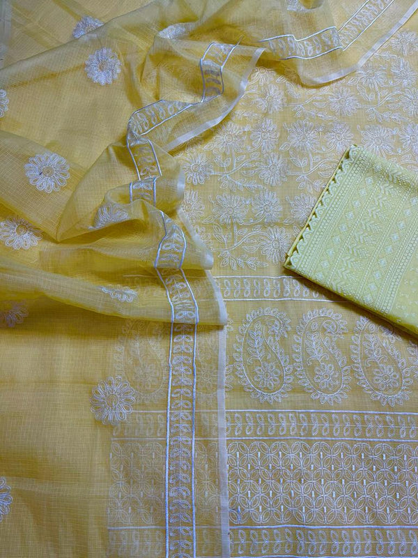 Yellow Embroided Cotton Kota Doria Suit Fabric With Dupatta