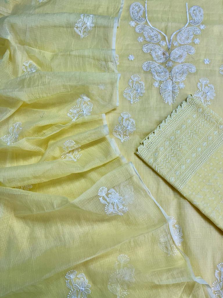 Yellow Hand Embroided Cotton Kota Doria Suit With Dupatta