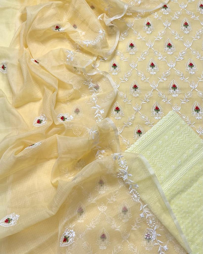 Yellow Hand Embroided Kota Doria Suit Fabric With Dupatta