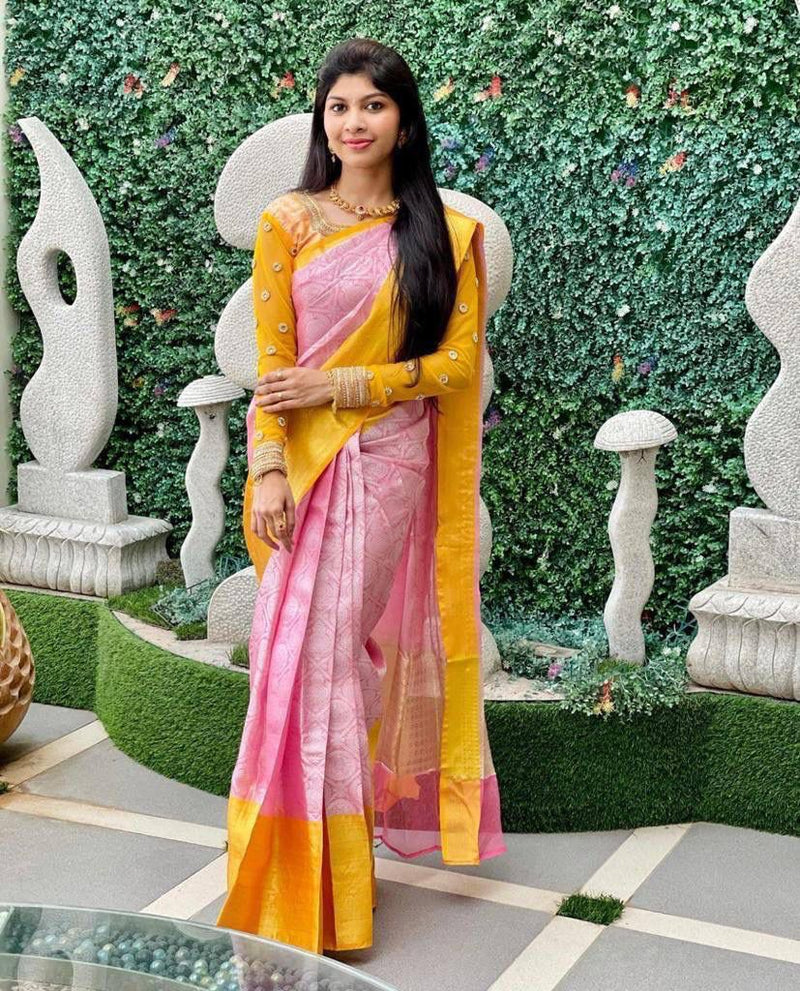 Pink With Yellow Border Banarasi Soft Silk Saree With Blouse