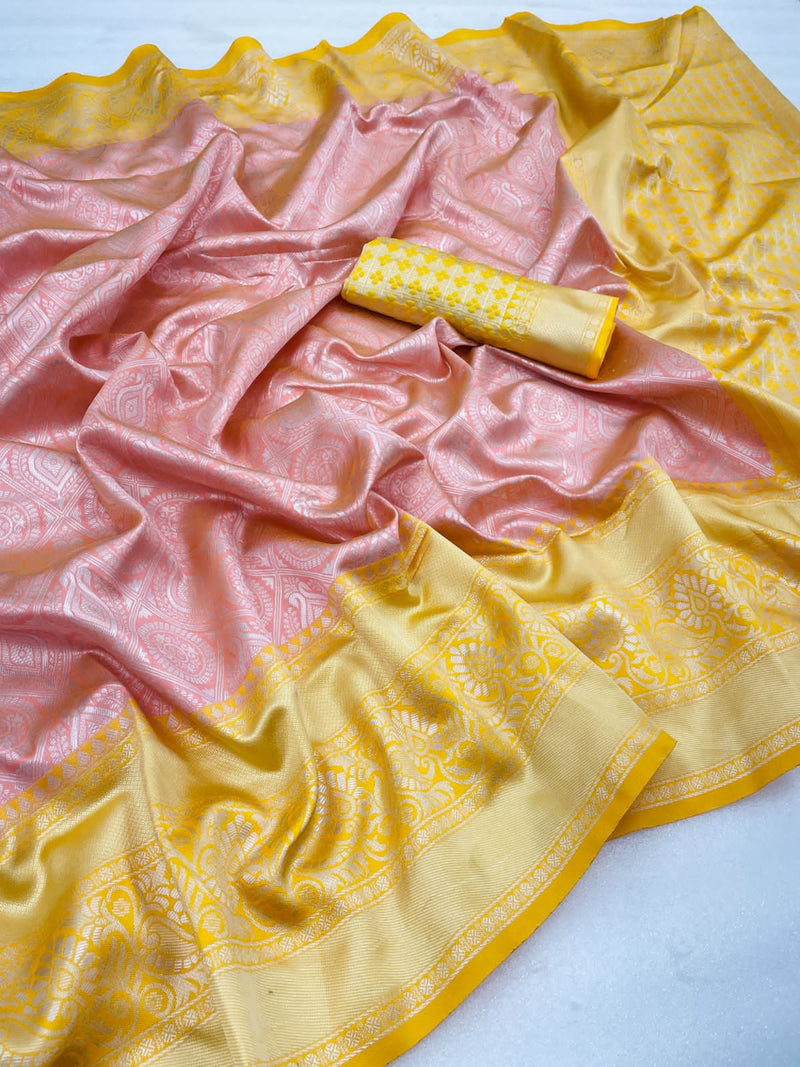 Pink With Yellow Border Banarasi Soft Silk Saree With Blouse